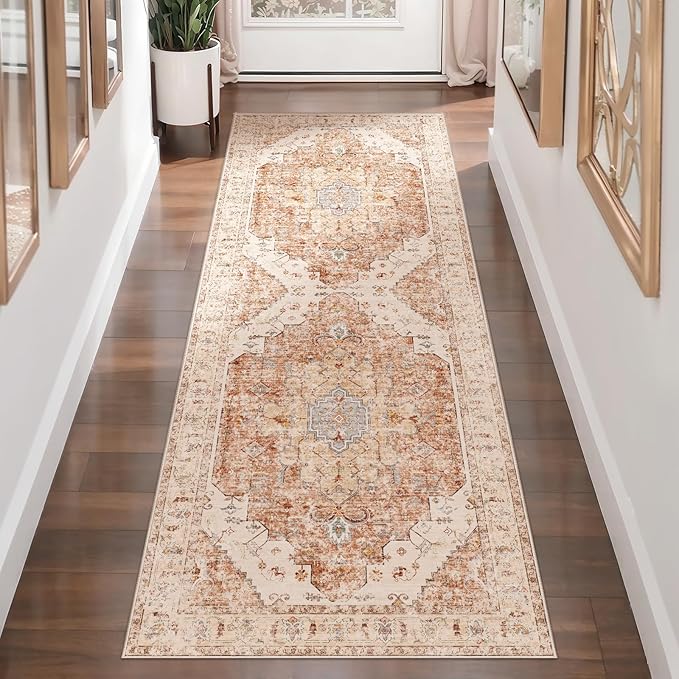 Tangsoo 2x6 Washable Runner Rug for Hallways, Non Slip Vintage, Soft Low Pile Long Runner, Print Distressed Brick Red for Kitchen Bedroom Entryway Bathroom Living Room