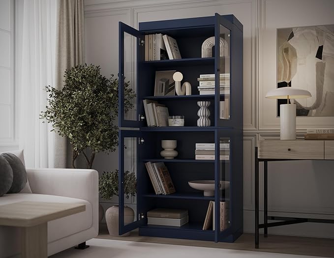 Palace Imports Solid Wood Bookcase - 6-Tier Bookshelf, 71.5” H x 32” W - Navy Blue, Clear Glass Cabinet Doors & Adjustable Shelves, Tall Bookcase, 100% Renewable Eco-Friendly Wood, Made in Brazil