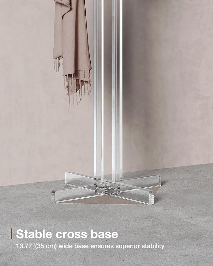 Modern Coat Rack, Freestanding Acrylic Coat Racks with 10 Hooks for Hats, Clothes,Coats, Scarves, Handbags in Bedroom, Hallway, Entrance, Office and Living Room, Easily Assemble, 72.83"H, Clear