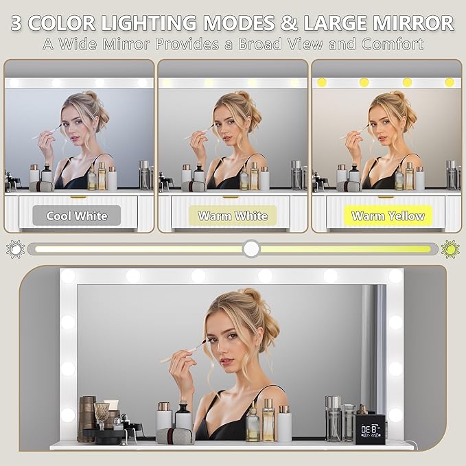 Fluted Makeup Vanity with Large Lighted Mirror and Chair, 7 Drawer Dressing Table with Power Outlet and USB, Elegant Vanity Desk with Cushioned Stool for Bedroom, Women, Girls