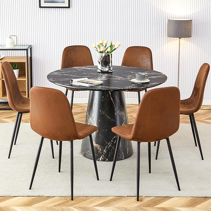 45 Inch Round Dining Table Set for 6, 7 Piece Kitchen Table and Chairs Set, White Faux Marble Table Top, Small Space Dining Set for Apartment or Dining Room