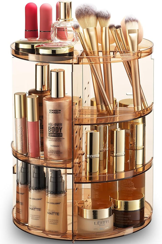 360 Rotating Makeup Organizer - Adjustable Shelf Height and Fully Rotatable - The Perfect Round Spinning Cosmetic Organizer for Bedroom Dresser or Vanity Countertop Storage (Brown)