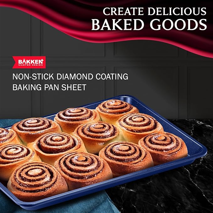 BAKKEN Kitchen Baking Pan - Small, Medium, and Large Cookie Sheet (13.58×9.65, 15.75×11, 17.91×12.60), Nonstick, Diamond Texture Bottom, PFOA, PFOS, PTFE Free, Oven Safe Tray (450°F), Pack of 3, Blue