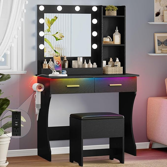Makeup Vanity Desk with Mirror and Lights, Small Makeup Vanity Table Set with Drawers, Power Outlet & Storage Stool, White Vanity with 3 Lighting Modes LED for Women Girls Bedroom