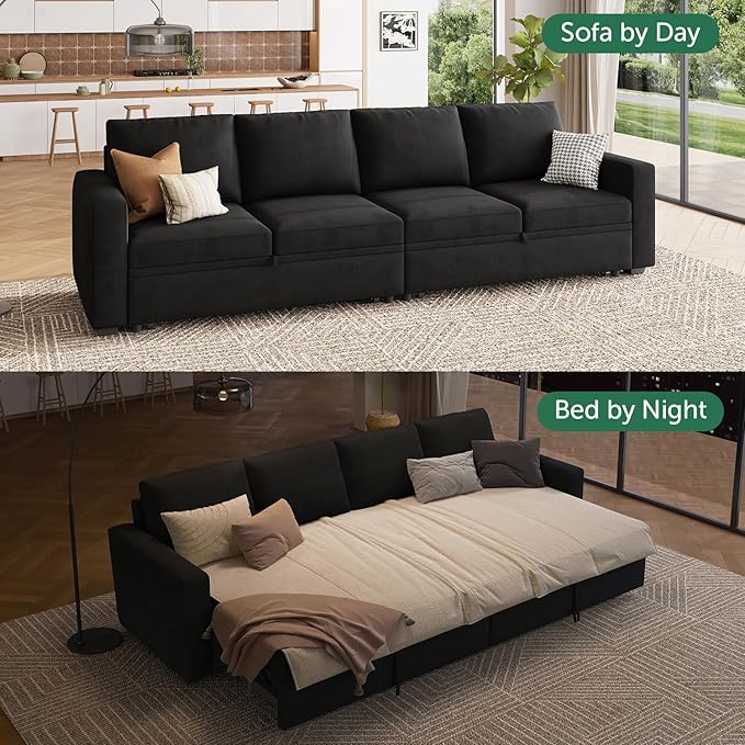 HONBAY Modular Sectional Sleeper Sofa Bed, with Pull Out Bed, Linen Convertible Sectional Couches for Living Room - Black