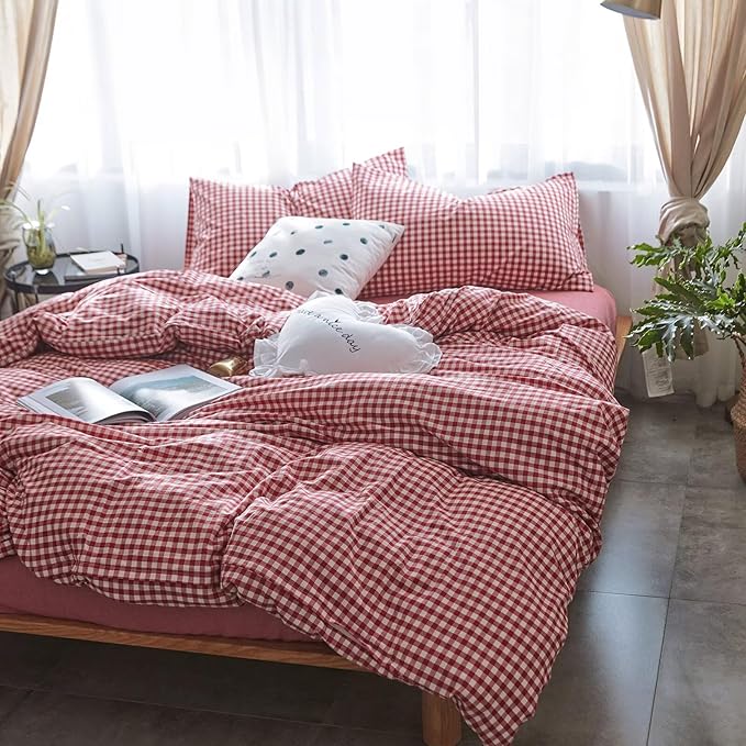 mixinni Red Gingham Comforter Set King, Plaid Comforter Set 3 Pieces 1 Red Grid Comfoter with 2 Pillow Cases for All Seasons, Soft Fluffy Modern Grid Pattern Printed Bedding-King Size