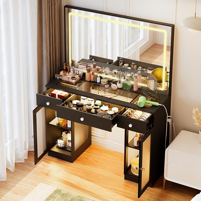Pamapic Makeup Vanity with Crystal Knobs, Glass Top Vanity Desk with Mirror and Lights, Power Outlet, Drawers and Cabinet, 3 Lighting Color Adjustable Dressing Table, Upgraded Silent Slides, Black