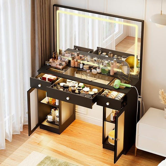 Pamapic Makeup Vanity with Crystal Knobs, Glass Top Vanity Desk with Mirror and Lights, Power Outlet, Drawers and Cabinet, 3 Lighting Color Adjustable Dressing Table, Upgraded Silent Slides, Black