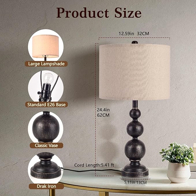 24.4" Farmhouse Bedside Black Table Lamps Set of 2 for Living Room Bedroom Nightstand, Black Iron Rustic Table Lamp for Kitchen, Vintage Table Lamp for End Table Side Table (Bulbs Not Included)