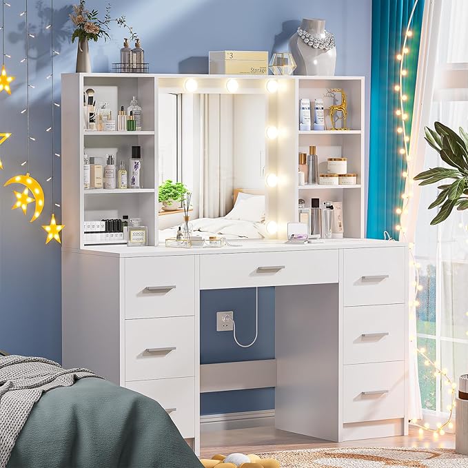 Large Vanity Desk with Mirror and 10 Lights, Makeup Vanity Table with Power Outlet, 7 Drawers and 6 Storage Shelves, Makeup Vanity Desk Dressing Table with 3 Lighting Modes for Bedroom (White)