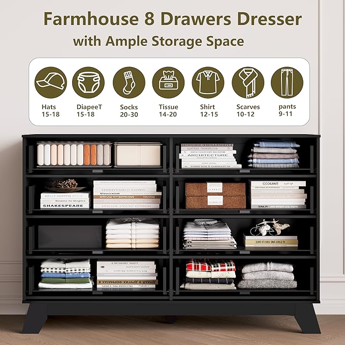 Fluted Dresser for Bedroom, 8 Drawer Dressers & Chest of Drawers, Mid Century Modern Dresser for Closet Boho Bedroom Furniture, Black Wood Chest of Drawers Storage Organizer for Living Room, Black