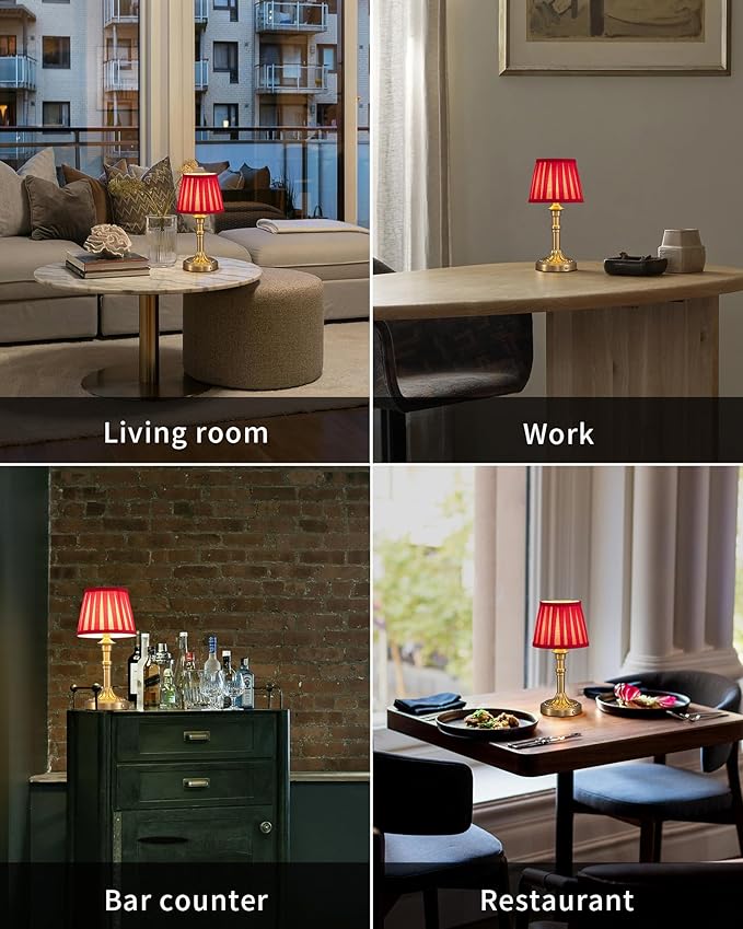KDG Cordless Portables Table Lamp Set of 2, LED Fabric Shade Small Desk Lamps, 5000mAh Battery Powered Lighting, 2700K Stepless Dimmable Light for Living Room, Dining Room, Bedroom (Bronze+Red)