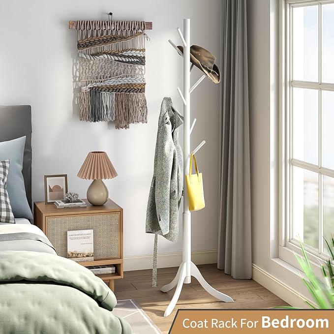 Coat Rack Freestanding, Coat Stands Entryway, Bamboo Coat Rack Hat Hanger 8 Hook for Jacket, Purse, Scarf Rack, Umbrella Tree Stand (White)