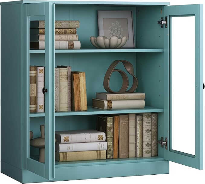 Palace Imports Solid Wood Bookcase - Floor Standing Bookshelf - 32” W - Display Furniture, Renewable 100% Eco-Friendly Wood, Made in Brazil (Aqua, Clear Glass Doors | 3-Shelf Short Bookcase)