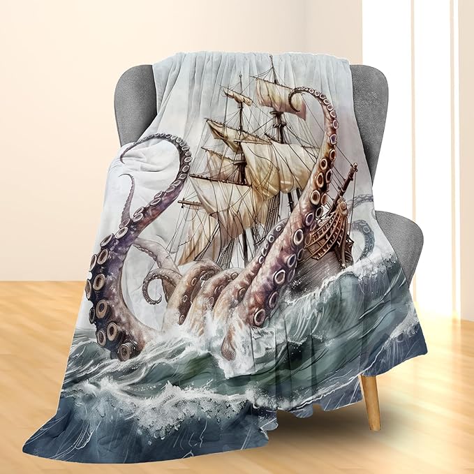 Octopus Nautical Blanket - Ultra Soft, Fluffy, Lightweight Flannel Throw Blankets for Couch, Bed, Travel, Outdoor - Cozy, Fuzzy Animal Home Decor, for Adults Kids Men Boys 80×60 in