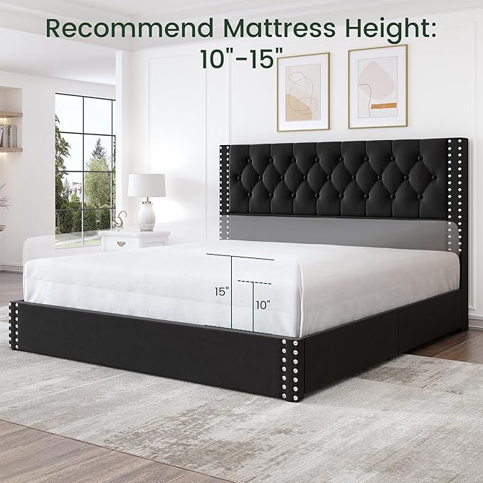 King Size Bed Frame with 4 Storage Drawers and Tufted Headboard Linen Upholstered Platform Bed Frame with Heavy Duty Wood Slats, No Box Spring Needed, Easy Assembly,Black