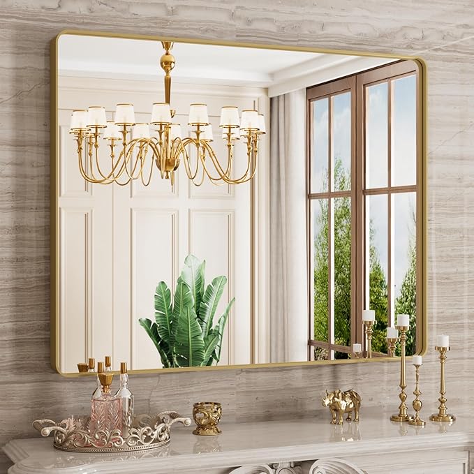 Gold Bathroom Mirror, 40x32 Inch Brushed Gold Metal Frame Mirror for Wall, Rounded Rectangle Bathroom Vanity Mirror, Tempered Glass, Anti-Rust, Horizontal/Vertical