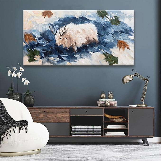 Tsomzxng Abstract Wall Art Living Room White Cow Dark Blue Poster Gothic Animal Abstract Wall Decor Prints Wildlife Animal Canvas Wall Art Decor Artwork Painting Picture For Bedroom Office 29x58 Inch