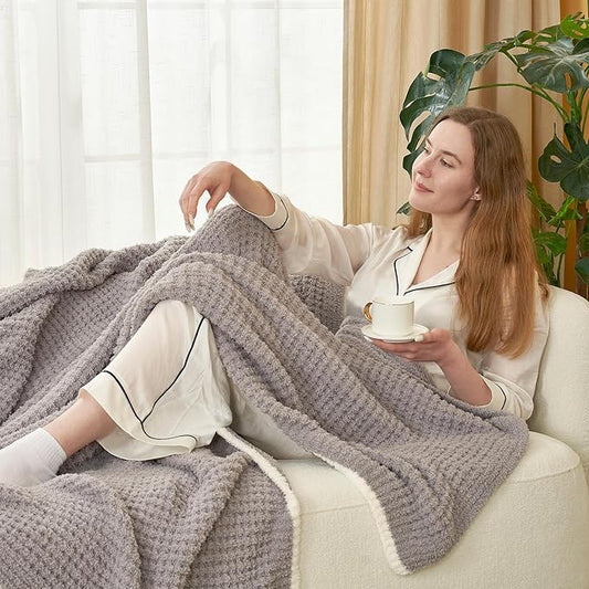 Snuggle Sac Grey Waffle Throw Blanket for Couch Bed Sofa 60x80 inches, Reversible Grey Blanket Microfiber Fluffy Fuzzy Cozy Knit Twin Blanket for Women Mothers Birthday Gifts
