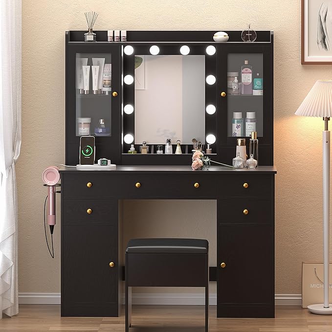 Vanity Desk with Mirror and Lights, 43" Black Makeup Vanity Set with 5 Drawers & Glass Cabinets, Storage Stool, Power Outlet & Adjustable LED Lights, Dressing Table for Women & Girls Bedroom