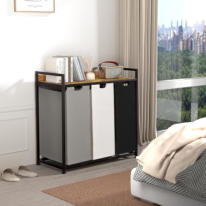 Laundry Hampers with Shelf, Laundry Basket 3 Section, Laundry Sorter with Pull-Out Removable Large 3 Color Bags and Movable Wheels, Metal Frame, 3 x 15.87 Gallons (60L), Rustic Brown PF04XLN