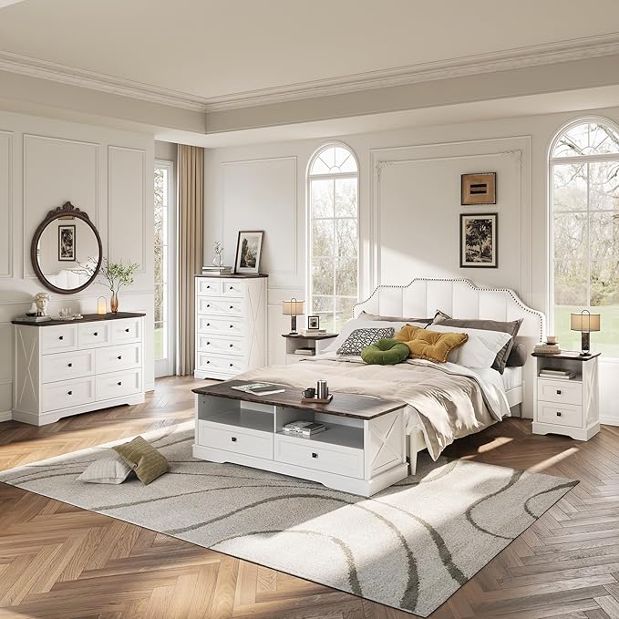 Farmhouse 2 Drawers Dresser for Bedroom, Rustic Small Chest of Drawers with Charging Station, Wood End Table with Open Shelf, White Modern Nightstand for Bedroom, Living Room, Entryway