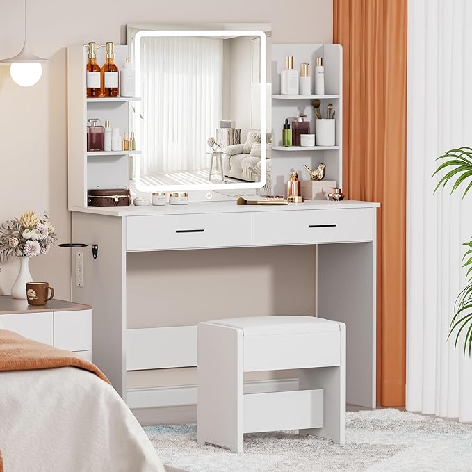 Vanity Desk with Mirror and Lights, 3-Color Lights Adjustable Brightness, White Vanity Makeup Desk with Drawer & Charging Station, Large Dressing Table Make Up for Bedroom
