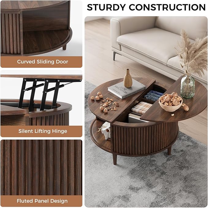 Round Coffee Table with Storage, Fluted Lift Top Coffee Table for Living Room, 31.5" Mid Century Modern Center Table with Sliding Cabinet Door, Walnut