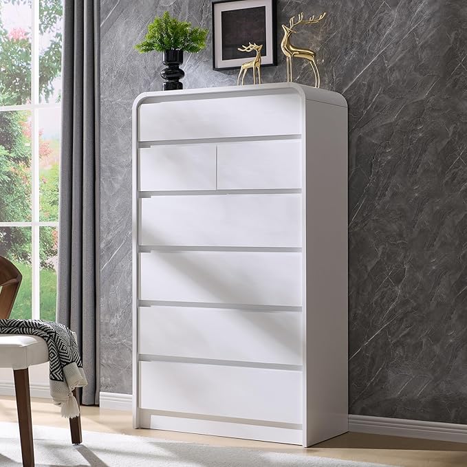 Modern 7 Drawers Dresser for Bedroom, 55" Tall Dressers & Chest of Drawers w/Curved Profile Design, Wood Mid Century Vertical Storage Dressers Organizer for Bedroom, Living Room, White