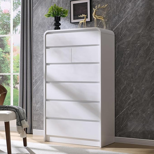 Modern 7 Drawers Dresser for Bedroom, 55" Tall Dressers & Chest of Drawers w/Curved Profile Design, Wood Mid Century Vertical Storage Dressers Organizer for Bedroom, Living Room, White