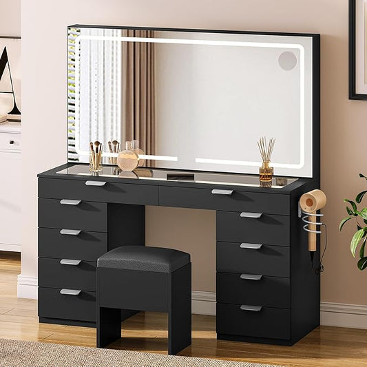 DWVO Vanity Desk with Large Mirror, 10-Drawer Glass Top Makeup Vanity, 3-Mode LED Lighting, Charging Ports and Stool