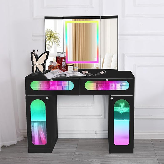 Vanity Desk with Tri-Fold Mirror and Lights, LED Makeup Vanity with 2 Drawers, 2 Doors Storage, Gifts for Girls/Women (Black)