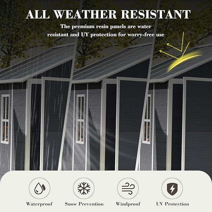 8x8 FT Outdoor Storage Resin Shed with Floor, Plastic Garden Tool Shed with Sloped Roof, Lockable Door & Windows, Easy to Assemble Bike Shed for Lawn, Backyard, Patio, Black