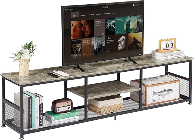 VECELO TV Stand for Televisions up to 80 Inch 70" Entertainment Center with Open Storage Shelves for Living Room/Bedroom, 3 Tiers Media Console Table Frame, 70 Inches, Grey +Metal