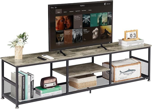 VECELO TV Stand for Televisions up to 80 Inch 70" Entertainment Center with Open Storage Shelves for Living Room/Bedroom, 3 Tiers Media Console Table Frame, 70 Inches, Grey +Metal