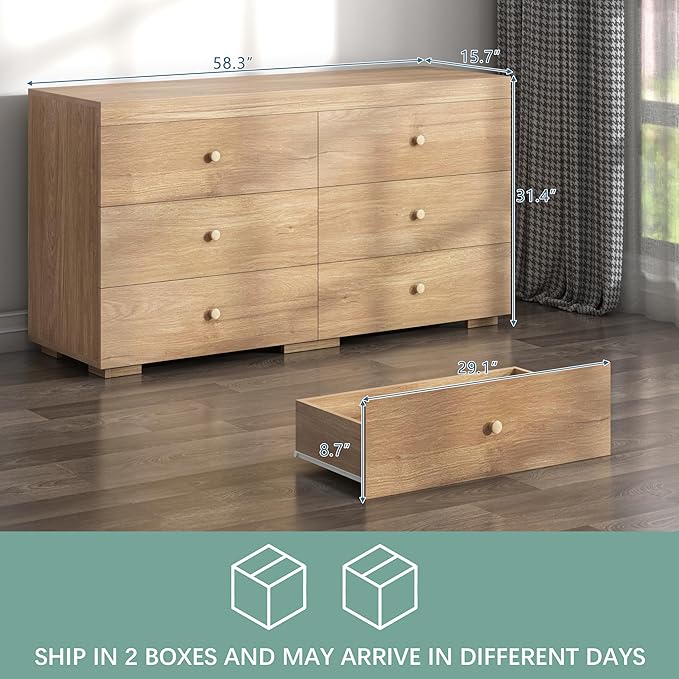Dresser for Bedroom 6 Drawer Wood Dresser 58.3" Wide, Large Chest of Drawers for Bedroom, Living Room, Hallway, Entryway, Modern TV Stand Drawer Organizer, Light Oak