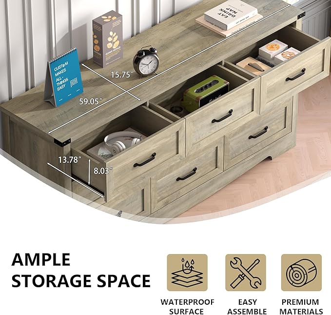 Dresser for Bedroom, 59'' Wide Chest of Drawers with Natural Wood Texture, 9 Drawer Dresser for Closet with Metal Handles, Sleek Storage Solution for Living Room, Office, Hallway, Grey