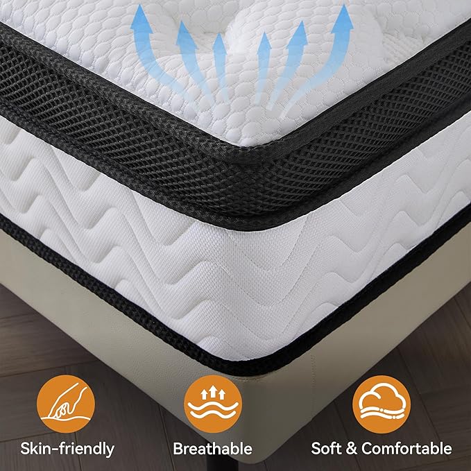 Queen Size 12 Inch Hybrid Mattress with Individually Wrapped Coils and Cooling Memory Foam, Medium Firm Support with Motion Isolation & Edge Support, CertiPUR-US Certified, Mattress in a Box