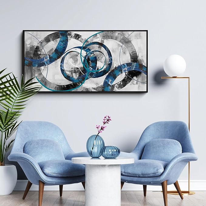 XLSJERST Large Frame Wall Art Blue Abstract Canvas - Modern Art Decor Pictures for Living Room Bedroom Office Gray and White Paintings Artwork Size 20x40 Inches