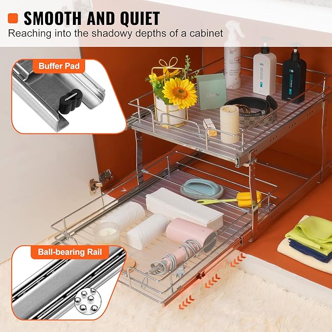 VEVOR 20"Wx21"D Pull Out Cabinet Organizer, 20"Wx21"D 2 Tier Heavy Duty Slide Out Pantry Shelves, Chrome-Plated Steel Roll Out Drawers, Sliding Drawer Storage, 21.5"Wx22"D Install Size for Cabinet