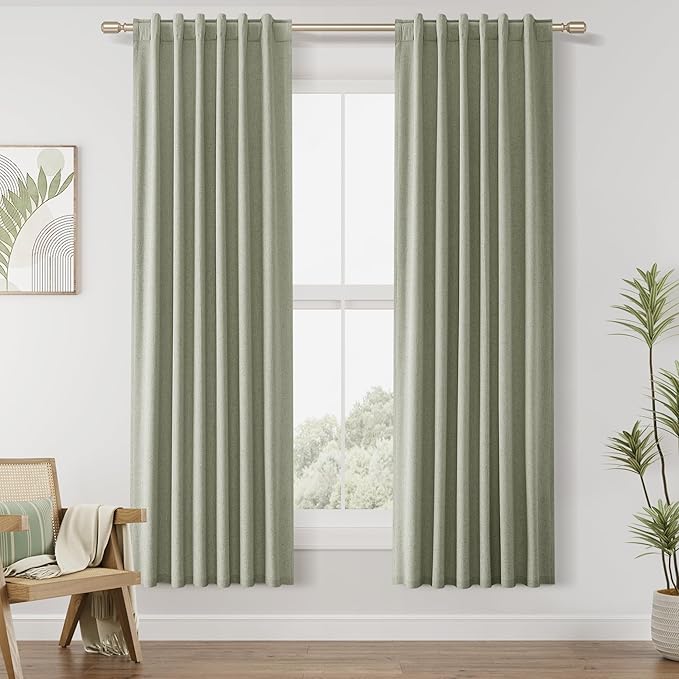 Guken 100% Blackout Linen Curtains 42 Inch Wide by 72 Inch 2 Panels Set for Living Room Bedroom Back Tab Thermal Insulated Black Out Linen Drapes Room Darkening Window Curtains, Sage Green