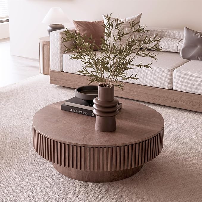Round Coffee Table for Living Room, Accent Fluted Drum Coffee Table with Storage, Modern Solid Wood Veneered Circle Center Tea Table for Small Space Apartment (39.4''D×14''H-Walnut)