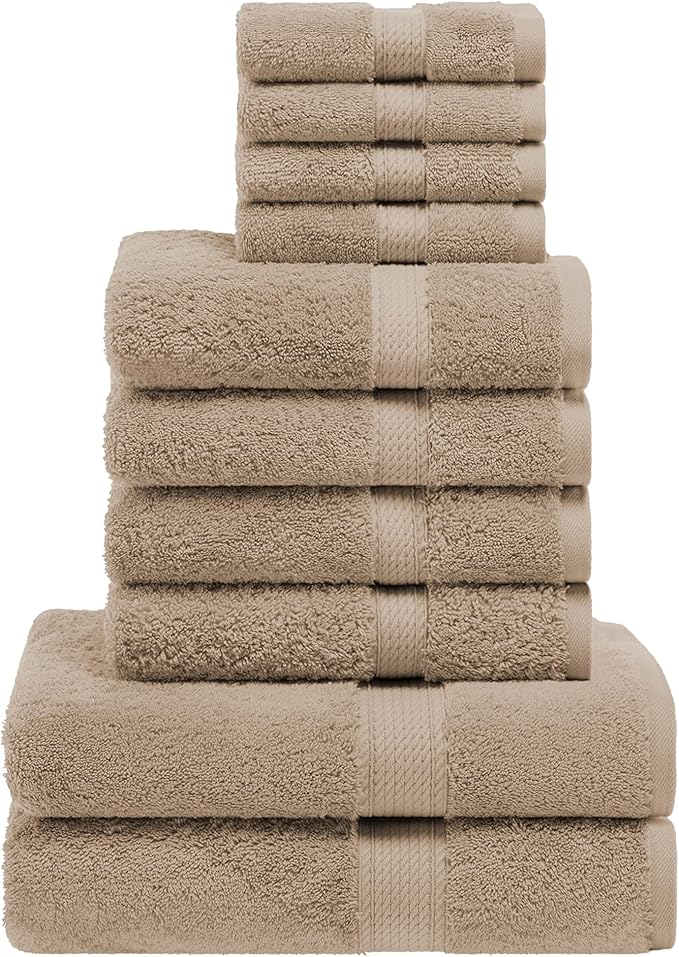 Superior Egyptian Cotton Pile 10 Piece Towel Set, Includes 2 Bath, 4 Hand, 4 Face Towels/Washcloths, Ultra Soft Luxury Towels, Thick Plush Essentials, Guest Bath, Spa, Hotel Bathroom, Latte
