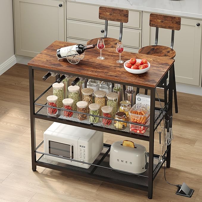 Kitchen Island with 3 Shelves, Kitchen Island with Power Outlet, Kitchens Storage Rack with 4 S Hooks, Microwave Stand Coffee Bar Station for Dining Room, Rustic Brown and Black KIHR91E01