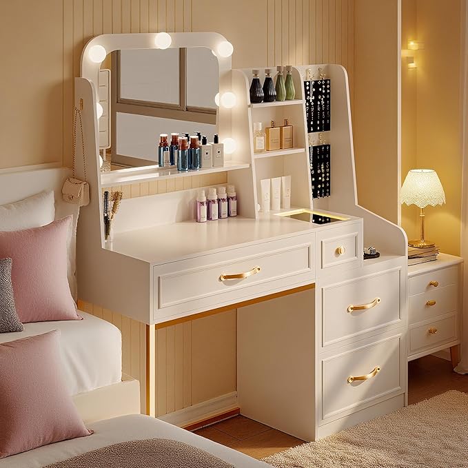 Makeup Vanity Desk with Mirror and Lights,Glass Top Dresser with Charging Station,Vanity Table with Storage and Jewelry Stand,Dressing Table,edroom Makeup Desk for Women,White