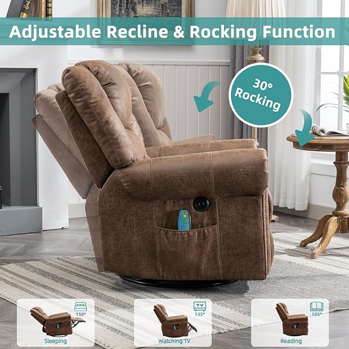 MEETWARM Massage Swivel Rocker Recliner with Heat and Vibration, Manual Glider Rocking Recliner Chair, 360°Swivel Lounge Reclining Chair with Remote Control/USB Ports for Living Room(Brown)