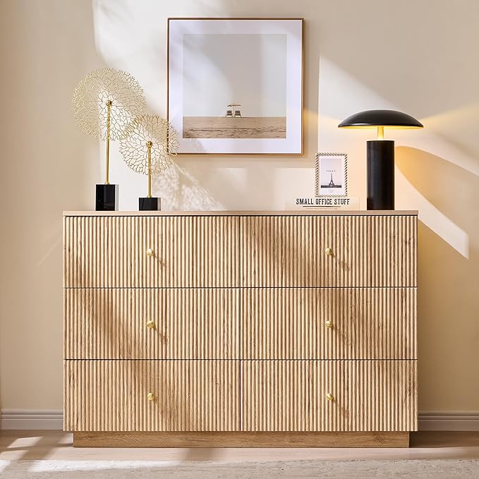 Fluted Dresser for Bedroom, 47" 6 Drawer Dressers, Wood Tall Dresser Storage Organizer, Modern Chest of Drawers with Deep Storage for Closet Hallway, Entryway, Living Room, Natural