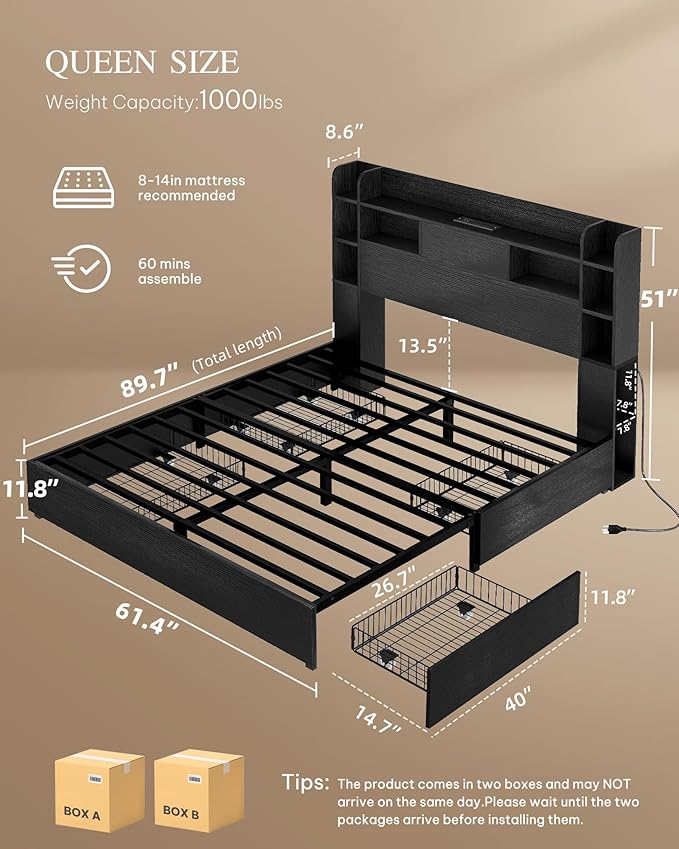 YITAHOME Queen Size Bed Frame with Bookcase Headboard and 4 Storage Drawers, RGB LED Bed Frame with Type-C & USB Charging Station Storage Headboard Bed, No Box Spring Needed, Noise Free, Black