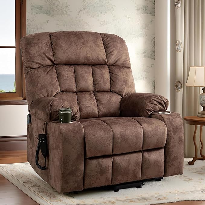 Power Lift Recliner Chair with Massage and Heating for Elderly, Oversized Lay Flat Recliner, Big and Tall 400lbs, Dual Motors, Cup Holders, Heavy Duty, Adults (Brown)