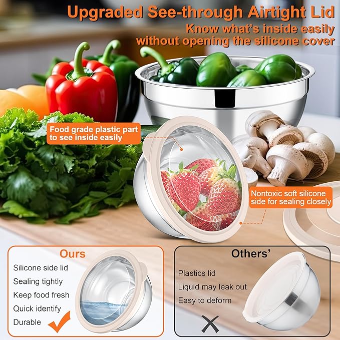 E-far Mixing Bowls Set of 5, Stainless Steel Salad Mixing Bowl with Transparent Lid, Metal Nesting Bowl Attach with 3 Graters for Kitchen Prepping/Serving/Baking/Storage, 4.6/2.6/1.5/1/0.7 QT - Khaki